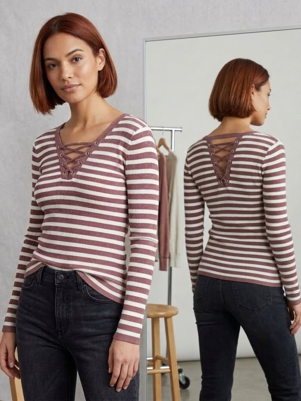 Medium Striped V-Neck Lace-Up.